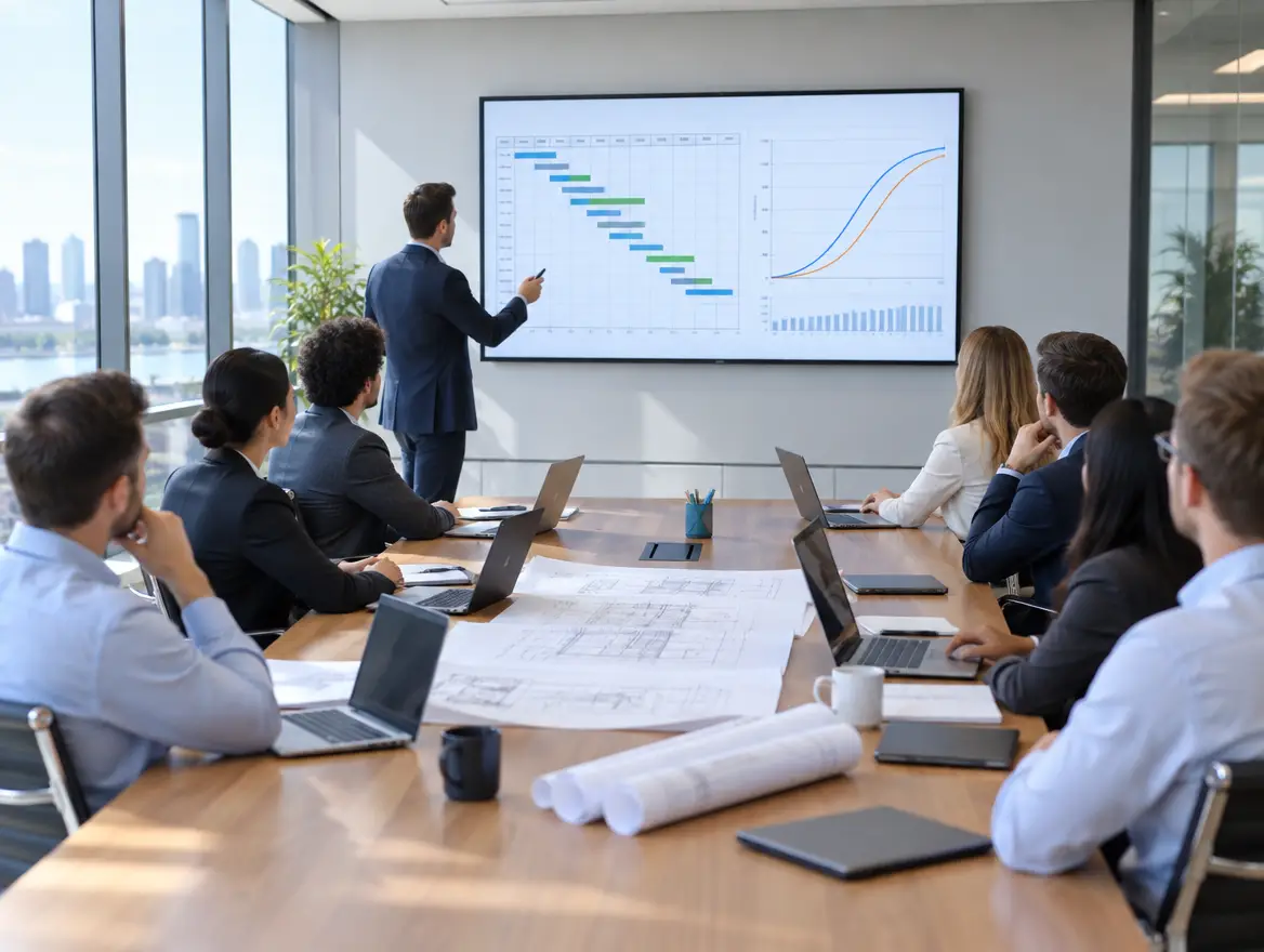 A trainer presenting a Gantt chart and S-curve to a project team in a boardroom