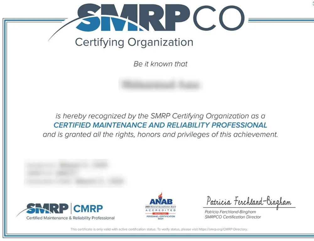 CMRP certificate held by our founder, name and ID number hidden
