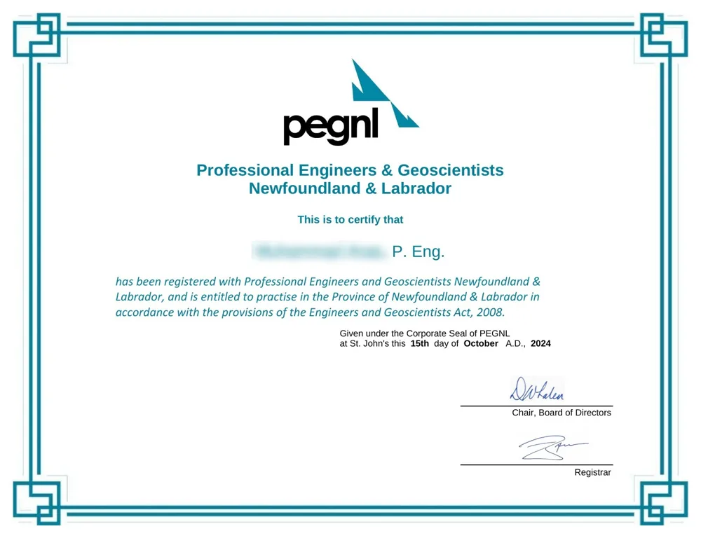 P.Eng certificate held by our founder, name and ID number hidden