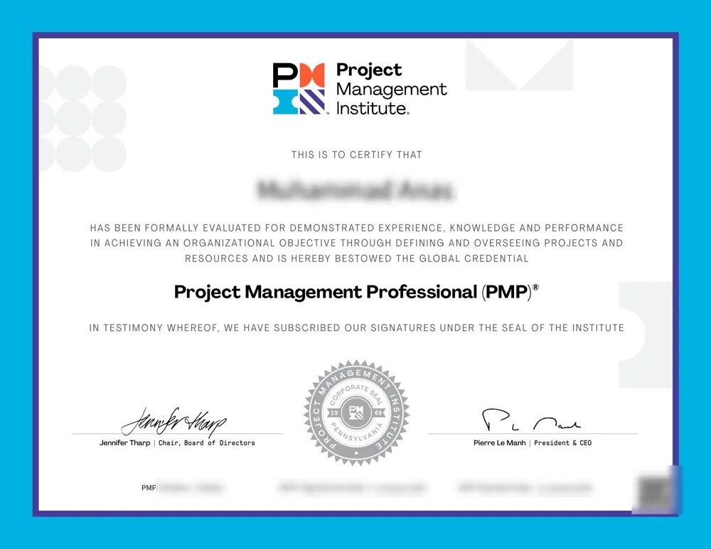 PMP certificate held by our founder, name and ID number hidden
