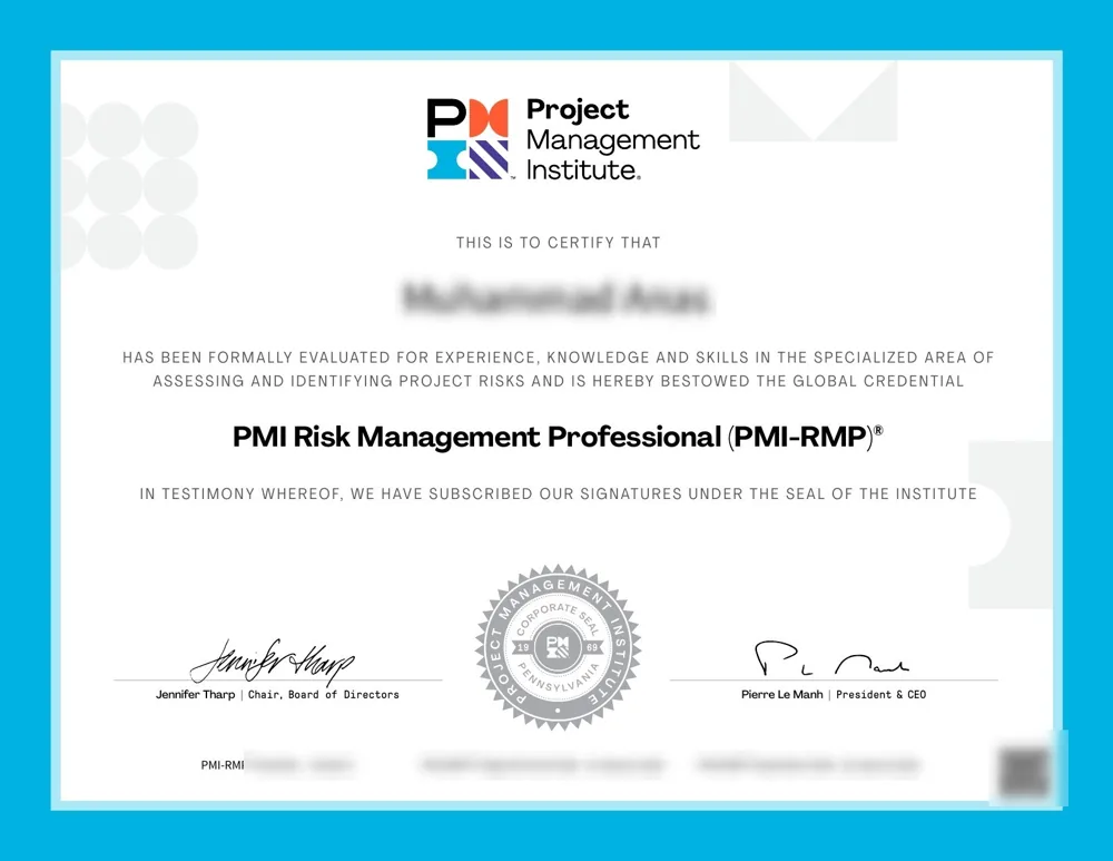 PMI-RMP certificate held by our founder, name and ID number hidden