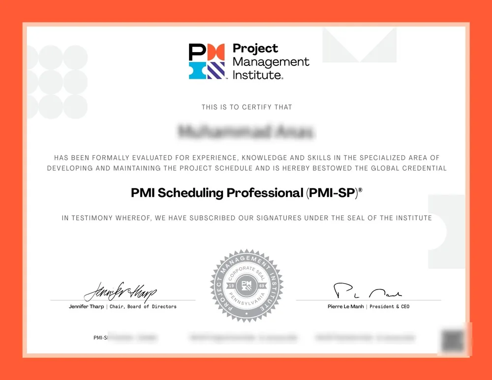 PMI-SP certificate held by our founder, name and ID number hidden
