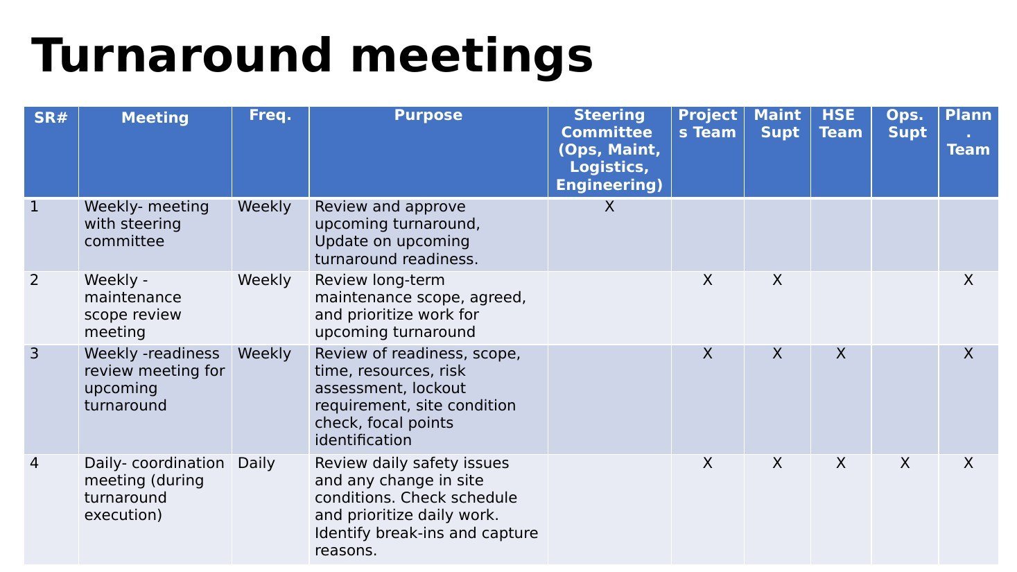 Turnaround meeting cadence — client names removed