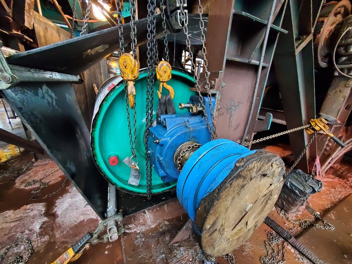 Replacement pulley rigged and staged for installation