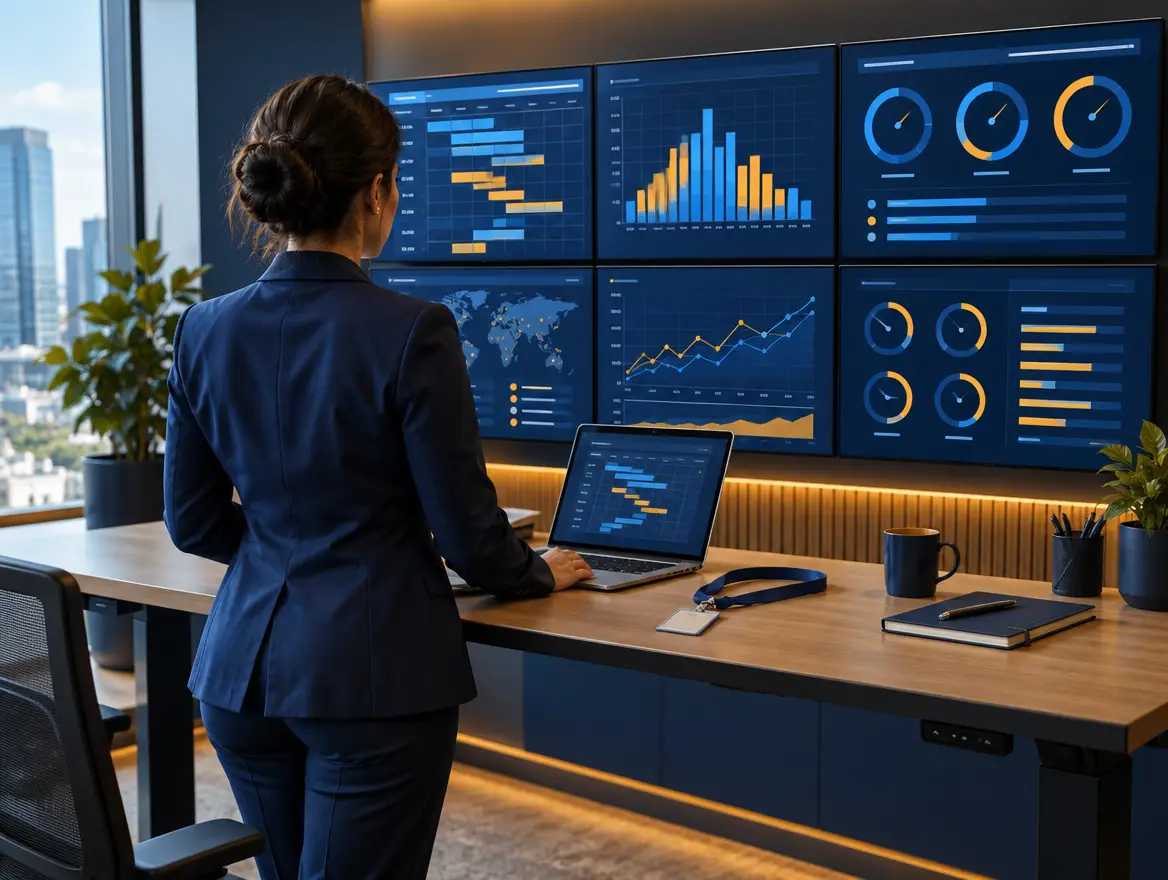 A project planner standing at a desk in front of schedule and earned-value dashboards